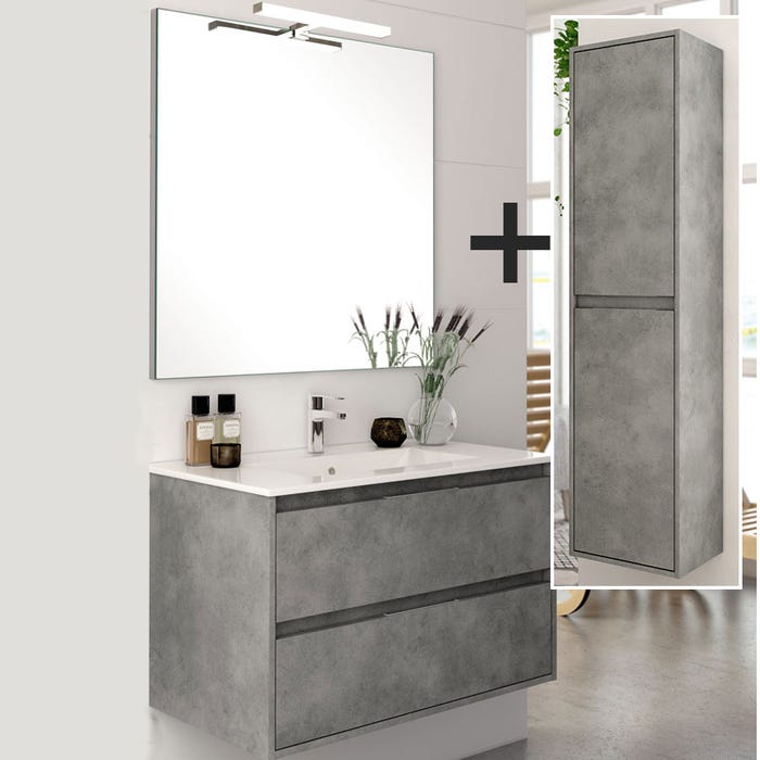 Ensemble meuble de salle de bain 80cm simple vasque + colonne de rangement IRIS - ciment (gris)