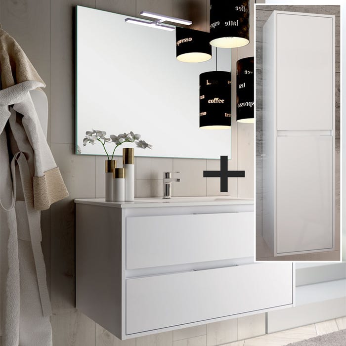 Ensemble meuble de salle de bain 80cm simple vasque + colonne de rangement IRIS - blanc