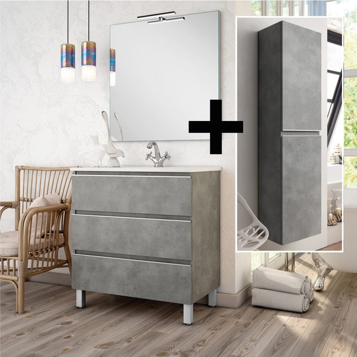 Ensemble meuble de salle de bain 60cm simple vasque + colonne de rangement PALMA - ciment (gris)
