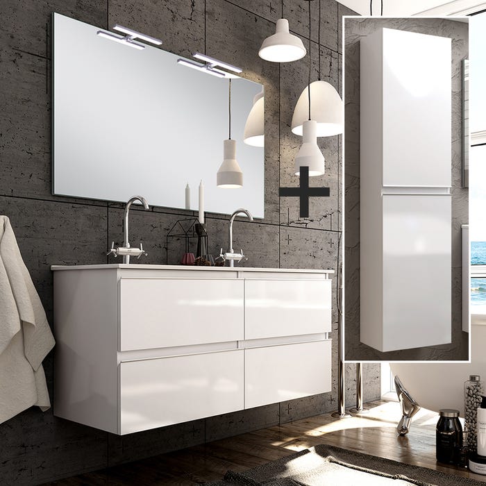 Ensemble meuble de salle de bain 120cm double vasque + colonne de rangement - BALEA - blanc