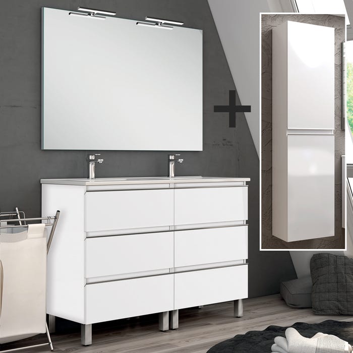 Ensemble meuble de salle de bain 120cm double vasque + colonne de rangement PALMA - blanc