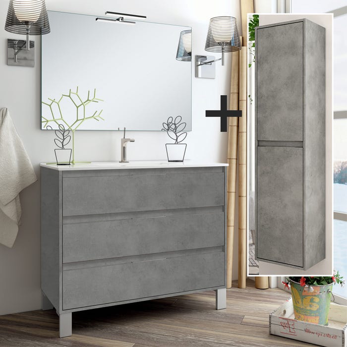 Ensemble meuble de salle de bain 80cm simple vasque + colonne de rangement TIRIS - ciment (gris)