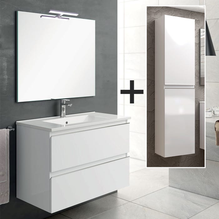 Ensemble meuble de salle de bain 60cm simple vasque + colonne de rangement - BALEA - blanc