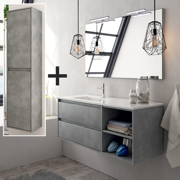 Ensemble meuble de salle de bain 120cm vasque déportée + colonne de rangement OLYMPE - ciment (gris)