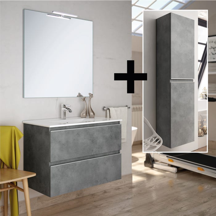 Ensemble meuble de salle de bain 80cm simple vasque + colonne de rangement - BALEA - ciment (gris)