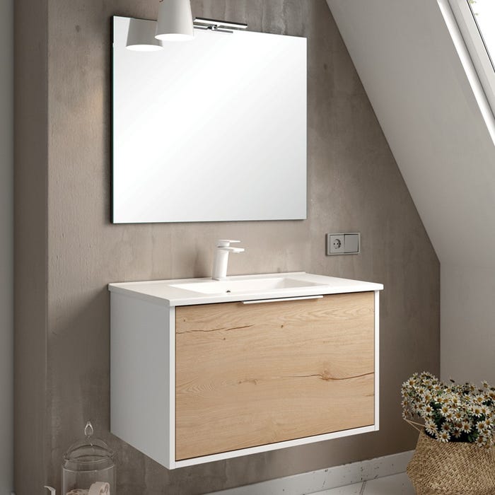 Meuble de salle de bain 80cm simple vasque - 1 façade et 2 tiroirs - ALBA - blanc/roble
