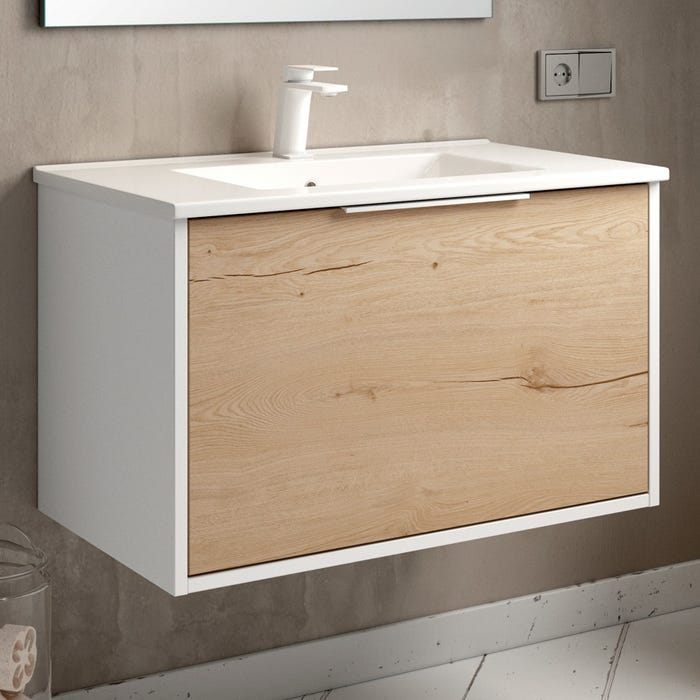 Meuble de salle de bain 80cm simple vasque - 1 façade et 2 tiroirs - sans miroir - ALBA - blanc/roble