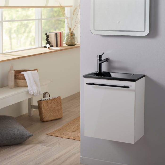 Meuble pour wc blanc avec lave mains design noir et mitigeur noir