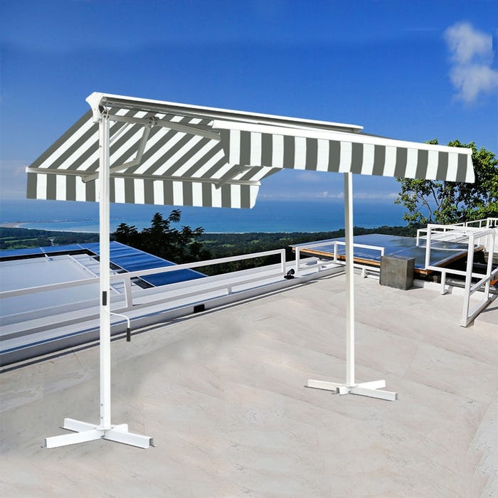 Stores bannes de terrasse double pente avec coffre sur pied - 3,5 x 3 m - Blanc gris