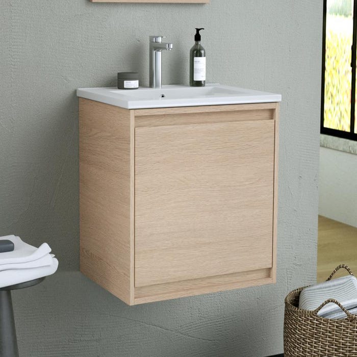 Meuble de salle de bain suspendu avec vasque à encastrer - Placage chêne - 60 cm - MESLIVA