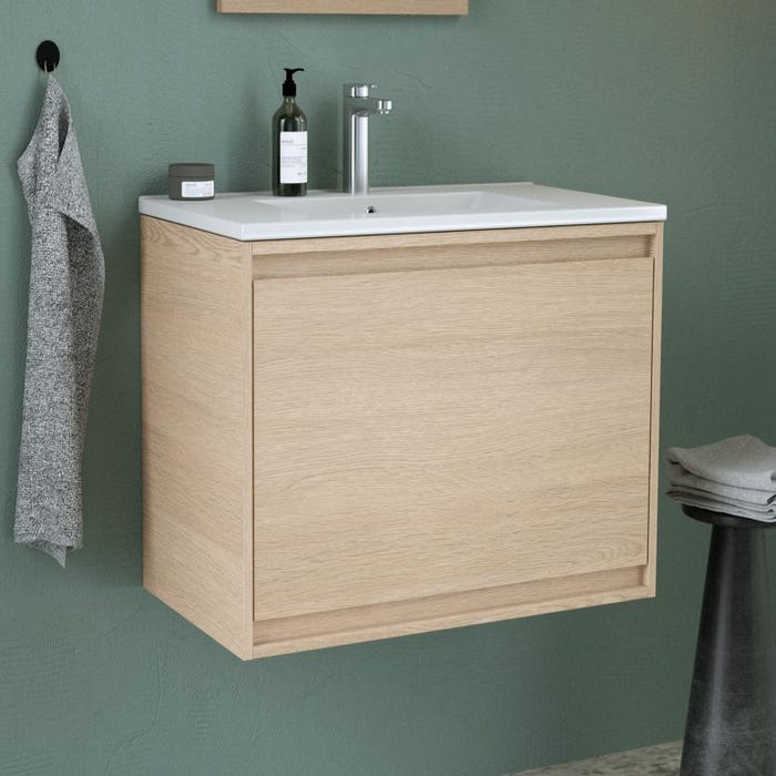 Meuble de salle de bain suspendu avec vasque à encastrer - Placage chêne - 80 cm - MESLIVA