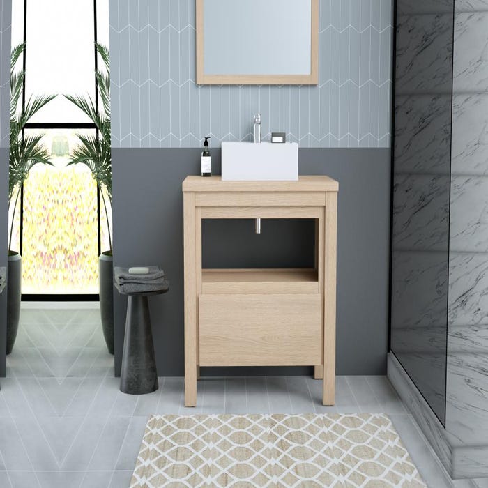 Meuble de salle de bain avec vasque à poser - Placage chêne - 80 cm - COSMOTI