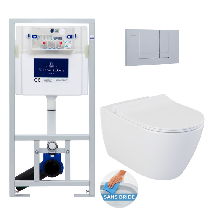 Villeroy & Boch Pack WC Bâti-support ViConnect + WC sans bride Bello + Abattant softclose + Plaque chrome mat (ViConnectBello-3)