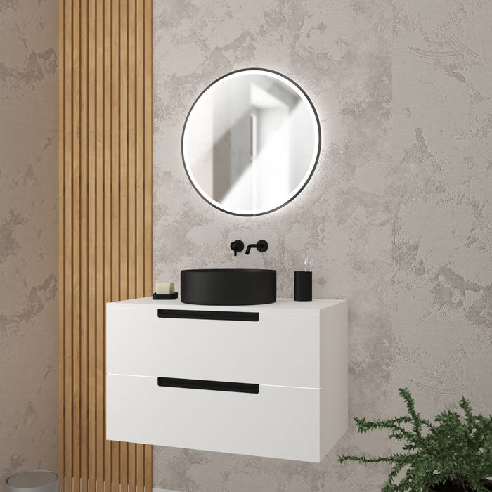 Meuble salle de bains 80cm Blanc Laqué 2 tiroirs - Vasque Noire Ø36cm et Miroir Rond Black Led