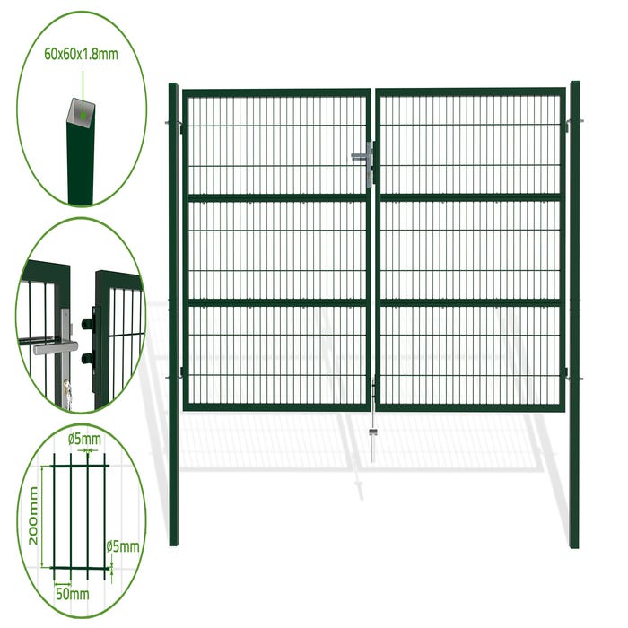 Portail battant grillagé RAZO 3m x 1,6m en acier galvanisé VERT avec serrure et poignée. Poteaux carrés à sceller ou visser sur platine