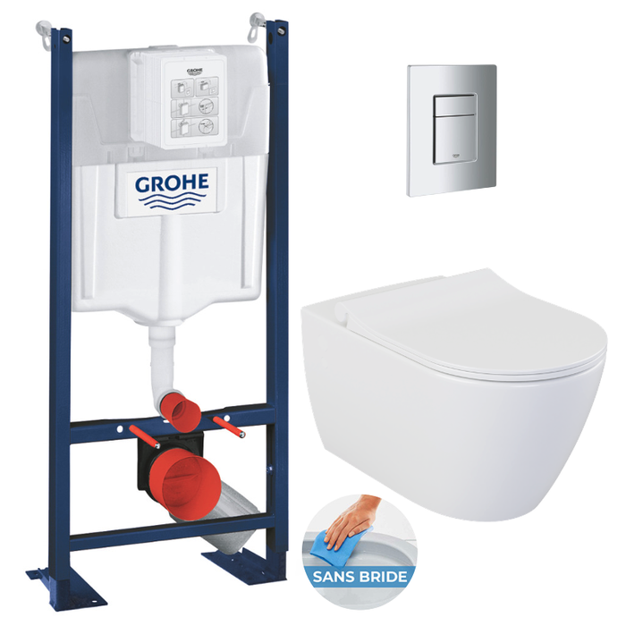 Grohe Pack WC Bâti-autoportant Rapid SL + WC sans bride Bello avec fixations invisibles + Abattant softclose + Plaque chrome mat