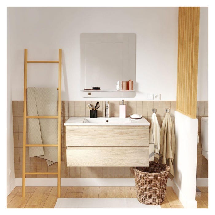 Meuble simple vasque 80cm décor chêne SORRENTO + vasque+robinet chromé+miroir