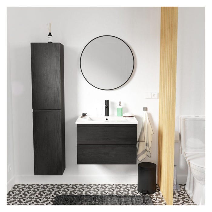 Meuble simple vasque 60cm SORRENTO Noir +vasque+robinet noir+miroir+colonne