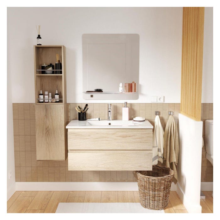 Meuble simple vasque 80cm décor chêne SORRENTO+robinet chromé+miroir+colonne