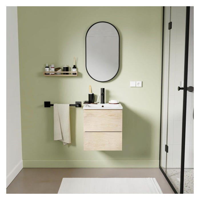 Meuble simple vasque 45cm décor chêne SORRENTO + vasque + robinet noir +miroir