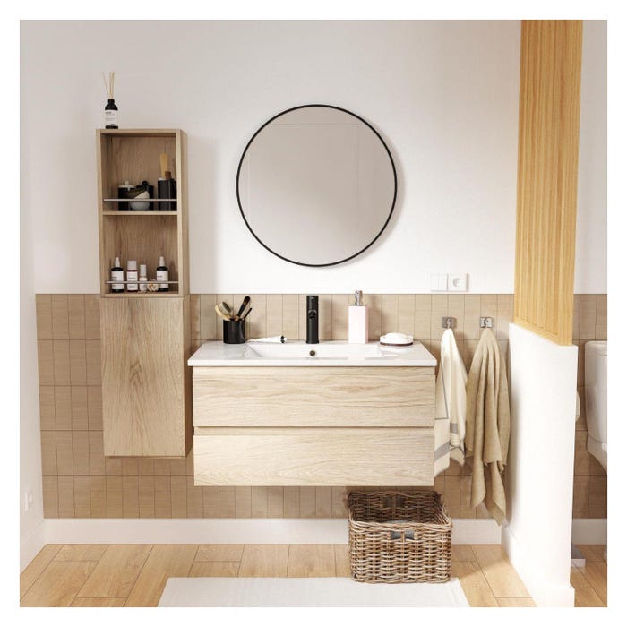 Meuble simple vasque 80cm décor chêne SORRENTO+robinet noir+miroir+colonne