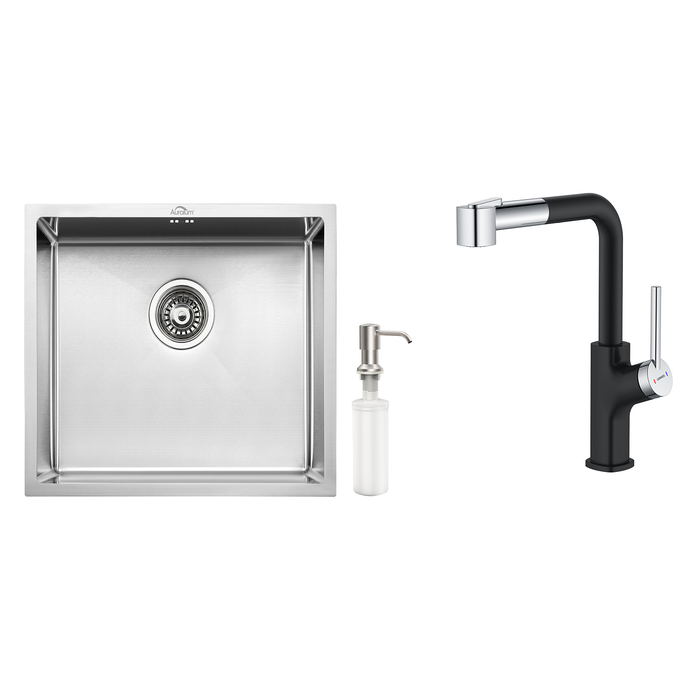 AuraLum Évier de Cuisine Inox 1 Bac 50*43*18CM avec Distributeur de Savon+ Robinet de Cuisine avec Douchette Extractible, Noir+Chrome