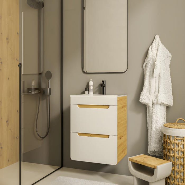 Meuble de salle de bain suspendu avec vasque à encastrer - Coloris naturel et blanc - 60 cm - ARUBA