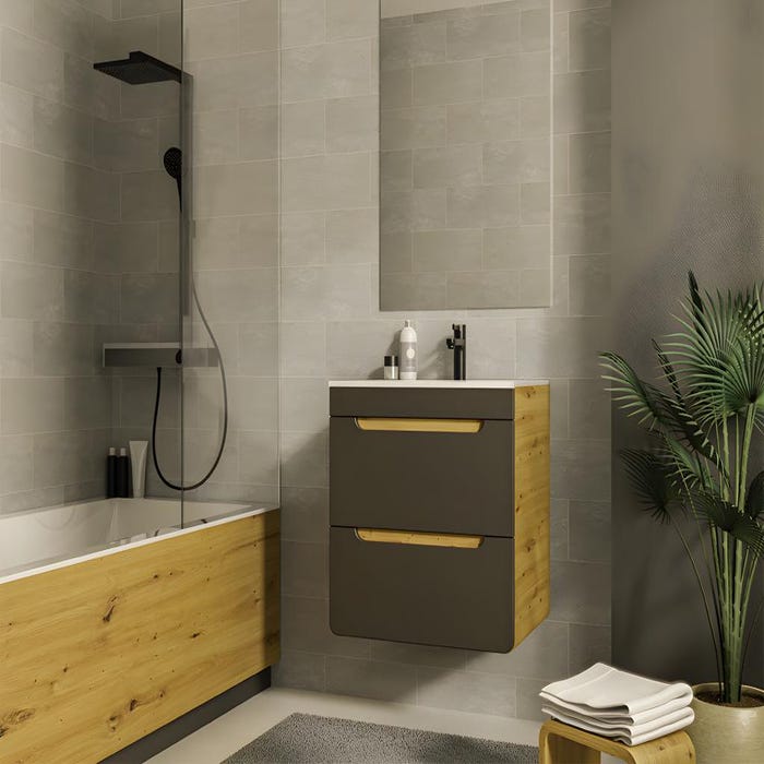 Meuble de salle de bain suspendu avec vasque à encastrer - Coloris naturel et anthracite - 60 cm - ARUBA