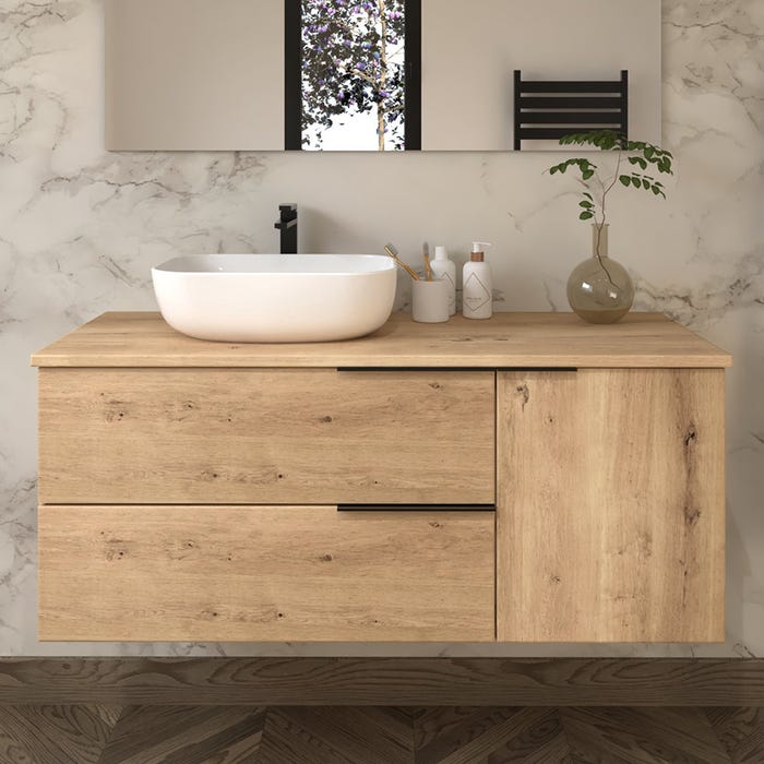 Meuble de salle de bain sans miroir avec vasque à poser arrondie KING - Roble (chêne clair) - 120cm