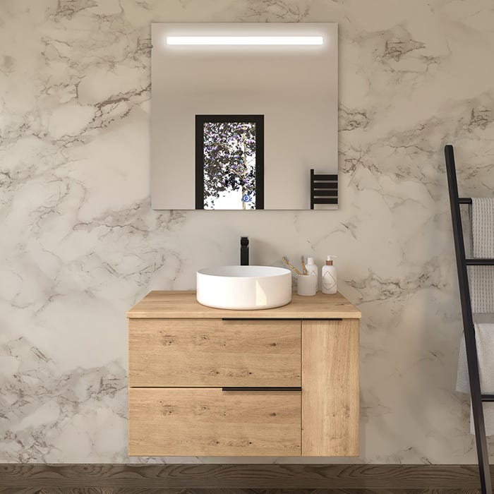 Meuble de salle de bain avec vasque à poser ronde KING et miroir Led STAM - Roble (chêne clair) - 80cm