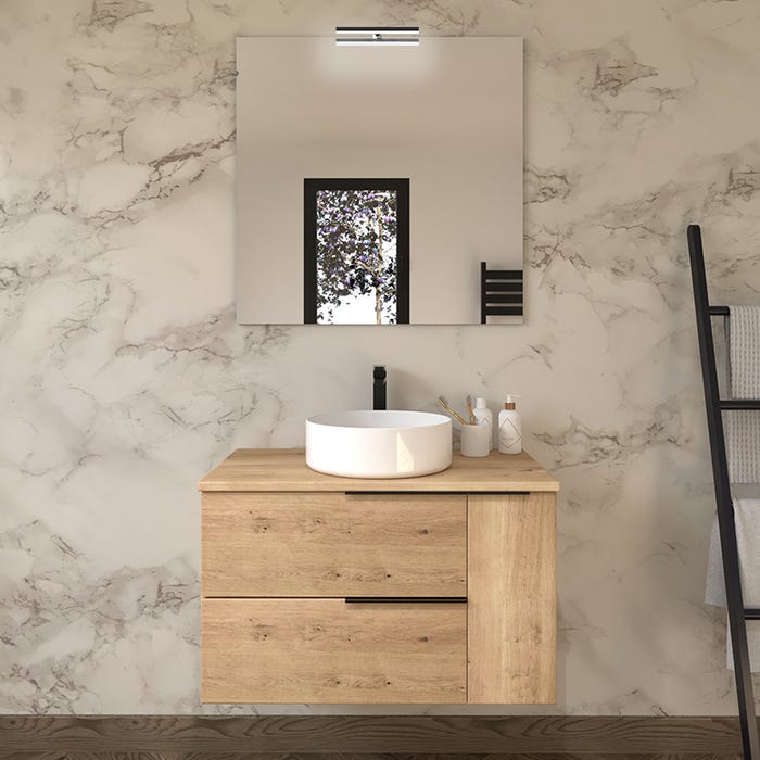 Meuble de salle de bain avec vasque à poser ronde et miroir avec applique KING - Roble (chêne clair) - 80cm