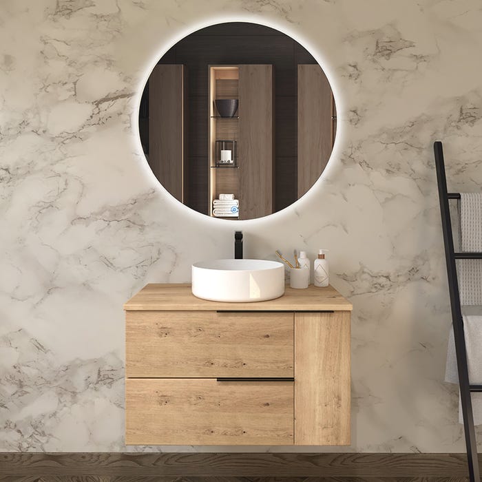 Meuble de salle de bain avec vasque à poser ronde KING et miroir rond SOLEN - Roble (chêne clair) - 80cm
