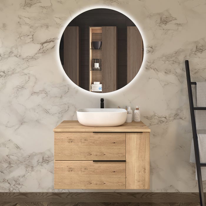 Meuble de salle de bain avec vasque à poser arrondie KING et miroir rond SOLEN - Roble (chêne clair) - 80cm