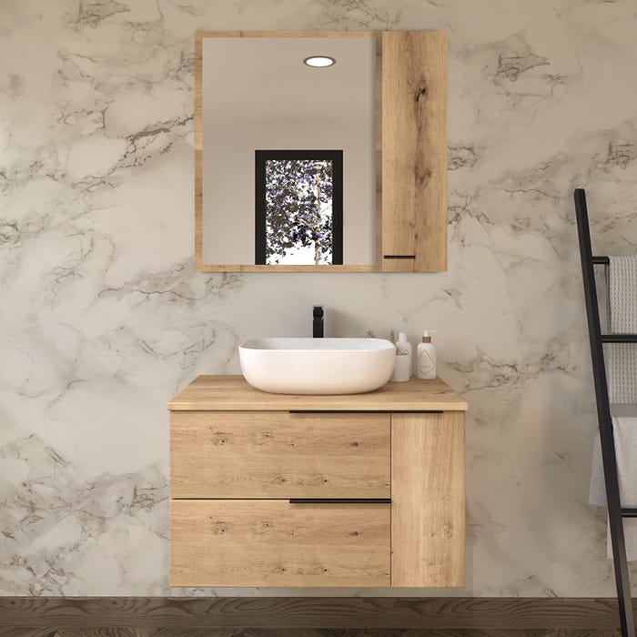 Meuble de salle de bain avec vasque à poser arrondie et miroir armoirette KING - Roble (chêne clair) - 80cm