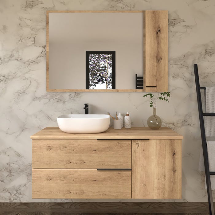 Meuble de salle de bain avec vasque à poser arrondie et miroir armoirette KING - Roble (chêne clair) - 120cm