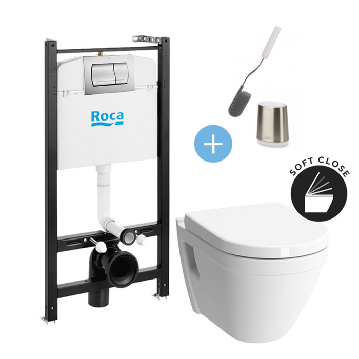 Roca Pack Bâti-support Roca Active + WC suspendu Vitra + Abattant soft close + plaque chrome + brosse de toilette