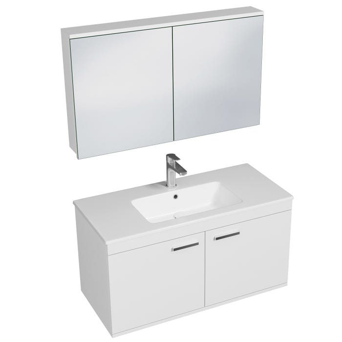 RUBITE Meuble salle de bain simple vasque 2 portes blanc largeur 100 cm + miroir armoire