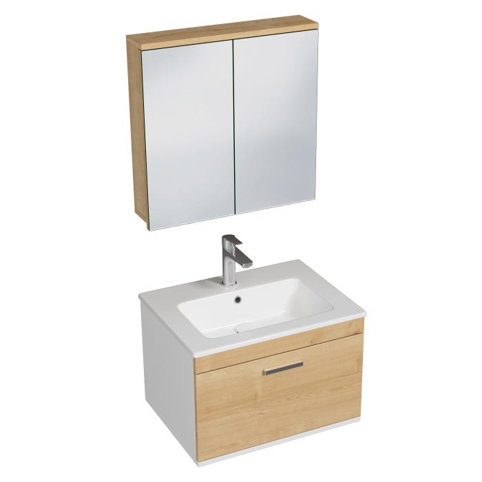 RUBITE Meuble salle de bain simple vasque 1 tiroir chêne clair largeur 60 cm + miroir armoire