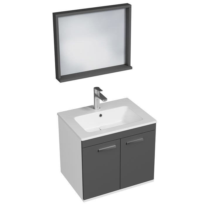RUBITE Meuble salle de bain simple vasque 2 portes gris anthracite largeur 60 cm + miroir cadre