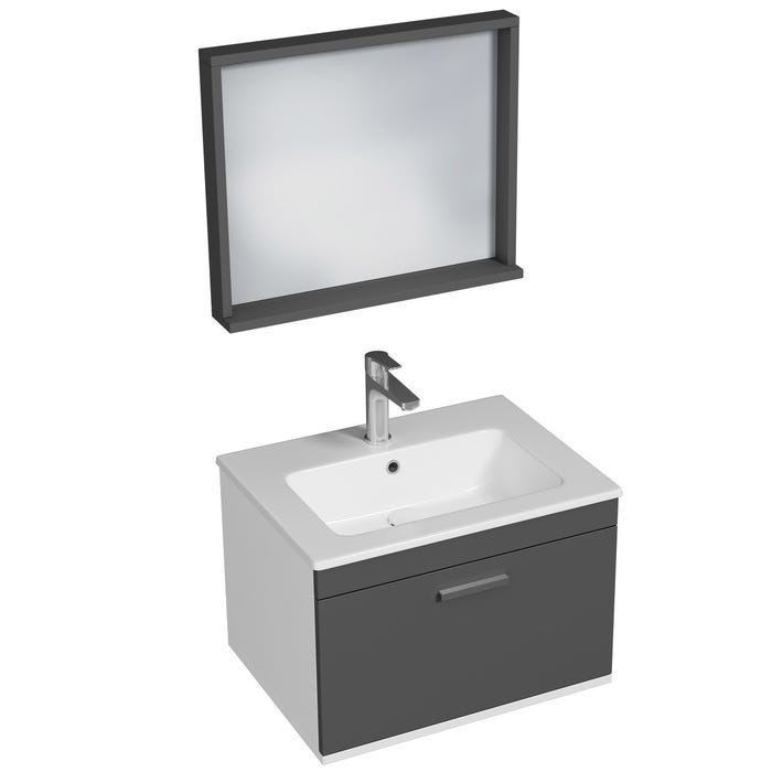 RUBITE Meuble salle de bain simple vasque 1 tiroir gris anthracite largeur 60 cm + miroir cadre