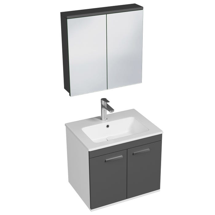 RUBITE Meuble salle de bain simple vasque 2 portes gris anthracite largeur 60 cm + miroir armoire