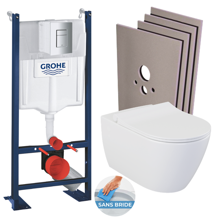 Grohe Pack WC Bâti-autoportant Rapid SL + WC sans bride Bello + Abattant softclose + Plaque chrome + set habillage