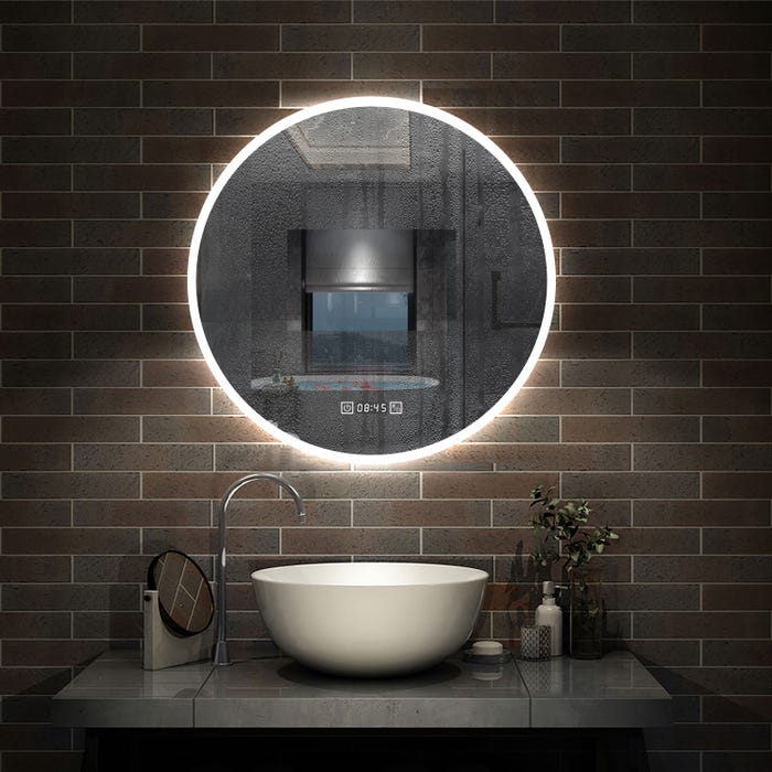 AICA Horloge tricolore LED miroir rond tactile anti-buée salle de bain miroir 70x70cm