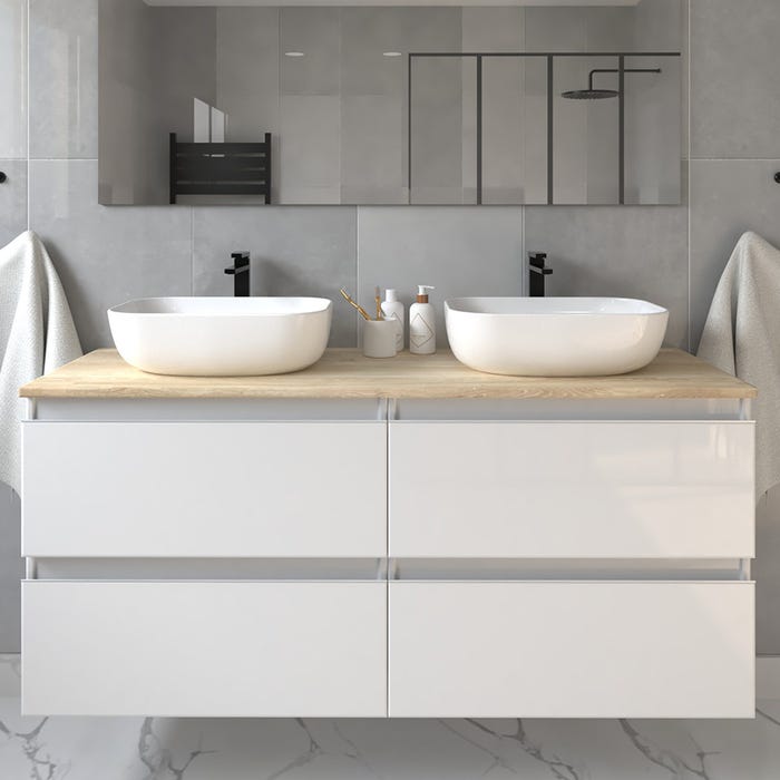 Meuble de salle de bain sans miroir avec vasques à poser arrondie BALEA - Blanc - 120cm
