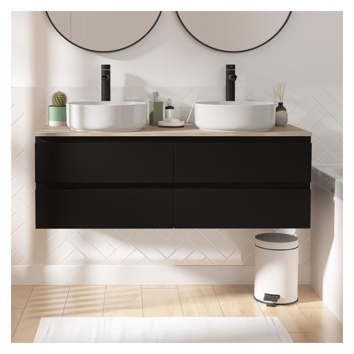 Meuble double vasque 120cm avec plan bois SORRENTO Noir + vasque + robinet