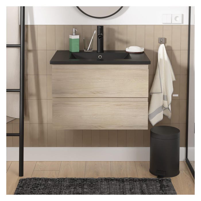 Meuble simple vasque 60cm SORRENTO décor chêne naturel + vasque noire +robinet