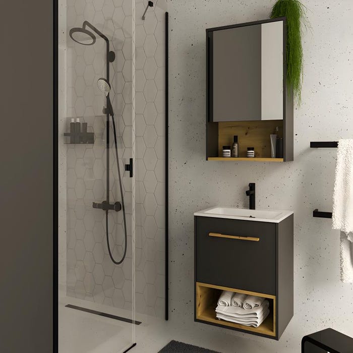 Meuble de salle de bain suspendu anthracite avec vasque à encastrer et armoire de toilette - 60 cm - YANGRA