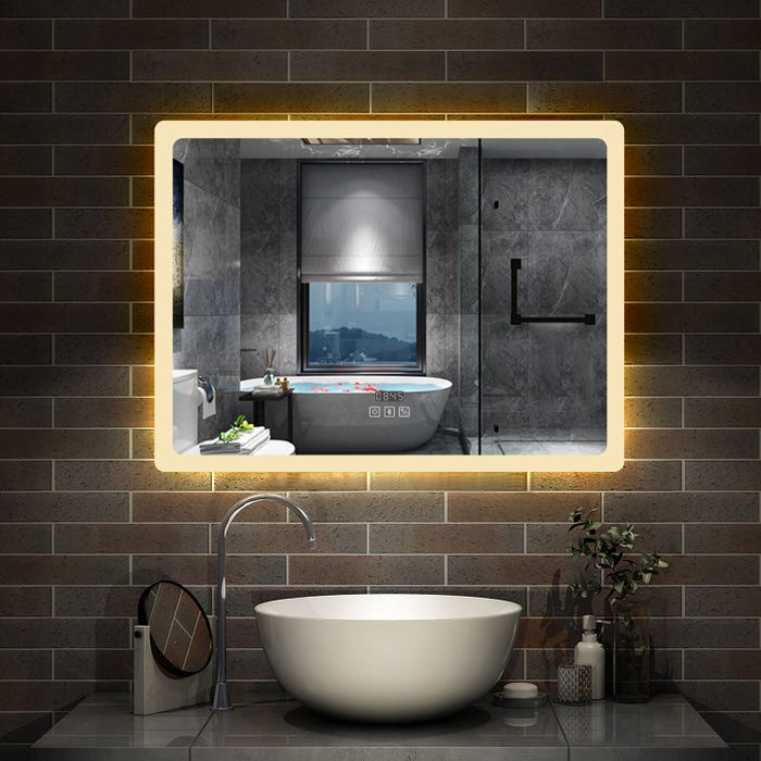 AICA Miroir lumineux tactile + Horloge + bluetooth + tricolore + anti-buée 80x60cm