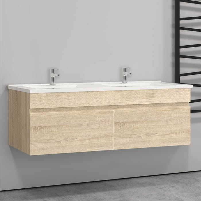 Aica 120(L)x45(W)x40(H)cm Meuble salle de bain natural avec 2 portes à une fermeture amortie avec 2 vasques à suspendre