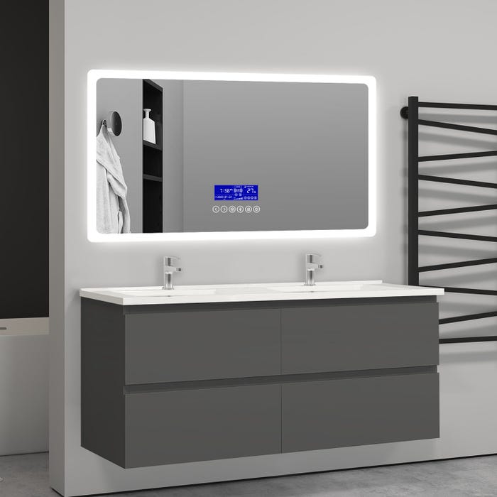 Aica 120(L)x46(P)x52(H)cm Meuble salle de bain anthracite avec 4 tiroirs à une fermeture amortie avec deux vasques à suspendre
